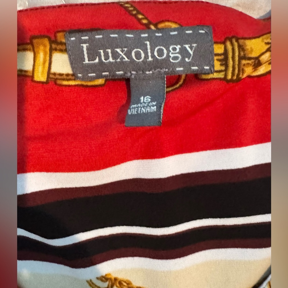 Luxology Red & Gold Striped Chain Design Maxi Dress Sz 16 - Picture 2 of 4